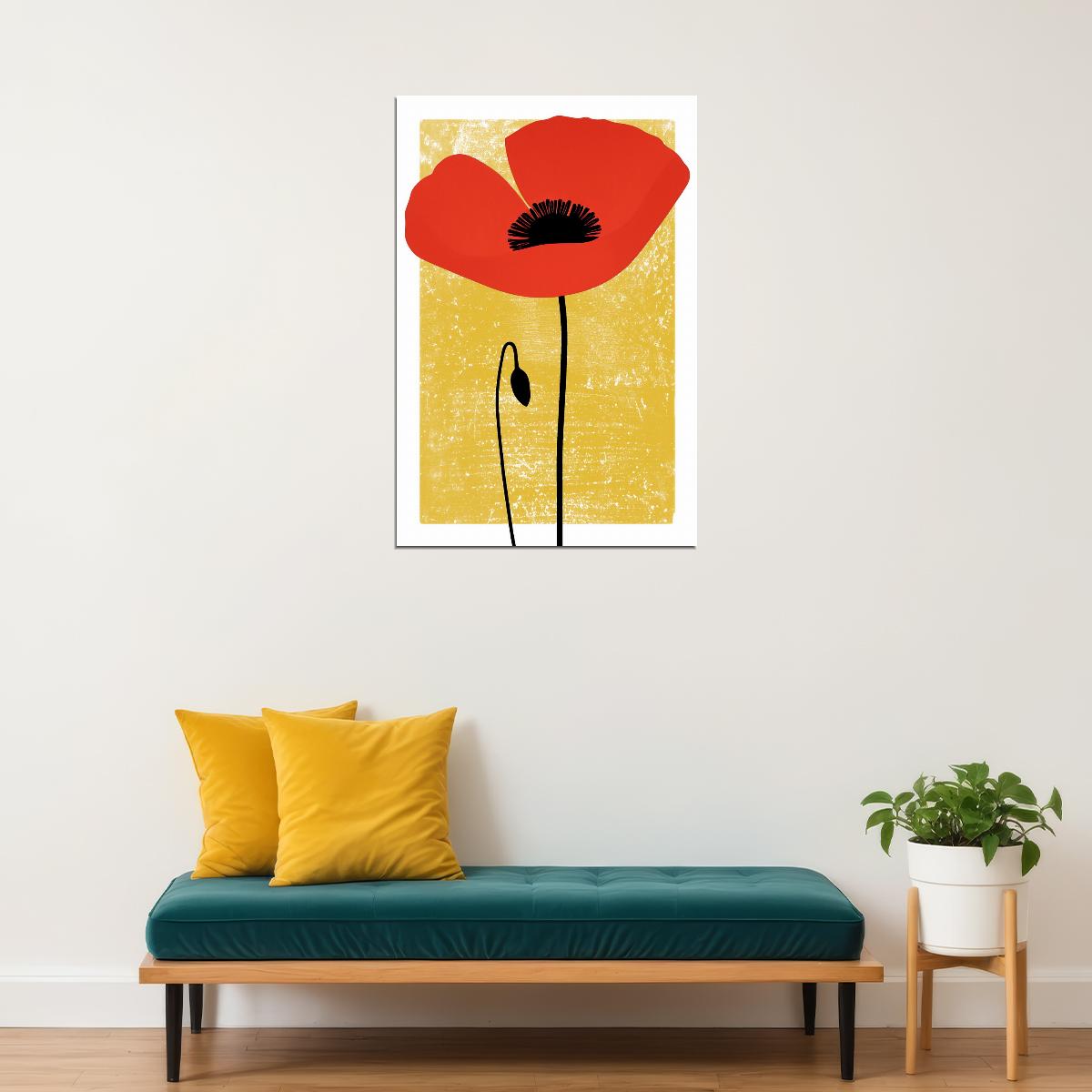 Red Poppy Flower Retro Print Yellow Maximalist Decor Dopamine Colors Trendy Floral Artwork
