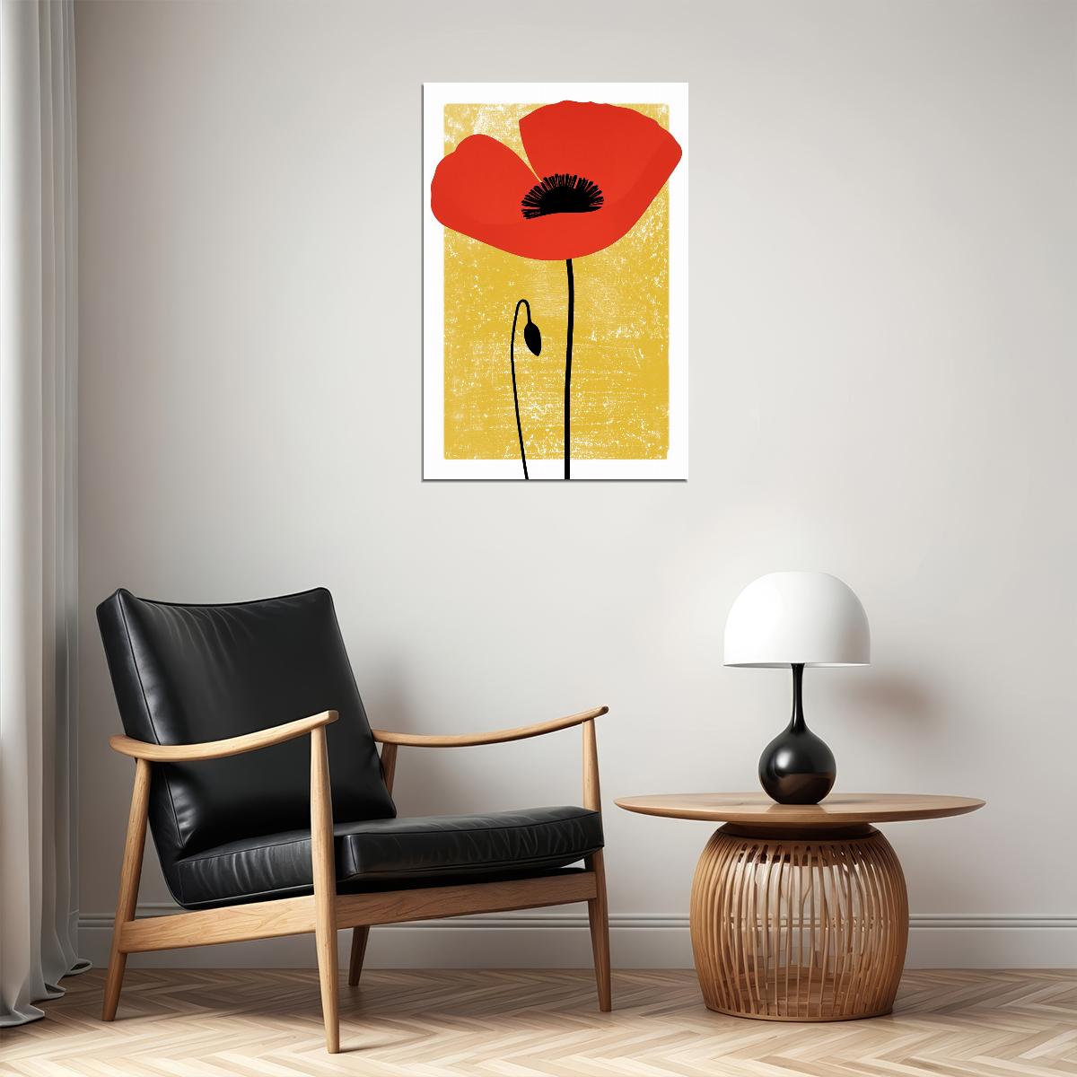 Red Poppy Flower Retro Print Yellow Maximalist Decor Dopamine Colors Trendy Floral Artwork