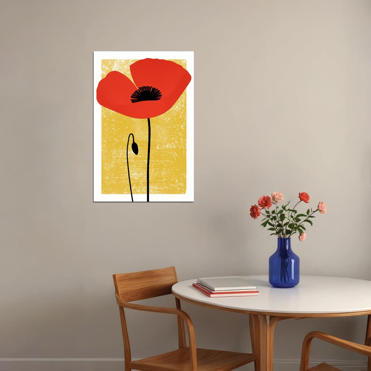 Red Poppy Flower Retro Print Yellow Maximalist Decor Dopamine Colors Trendy Floral Artwork