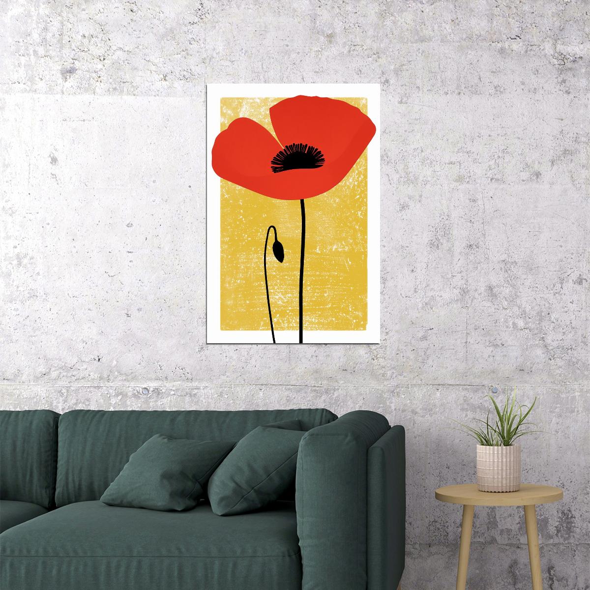 Red Poppy Flower Retro Print Yellow Maximalist Decor Dopamine Colors Trendy Floral Artwork