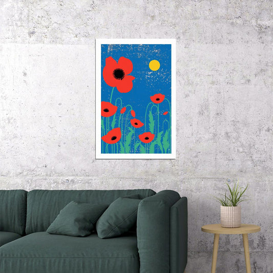Red Poppy Flower Retro Print Maximalist Decor Dopamine Colors Trendy Floral Boho Wall Art - xonomax
