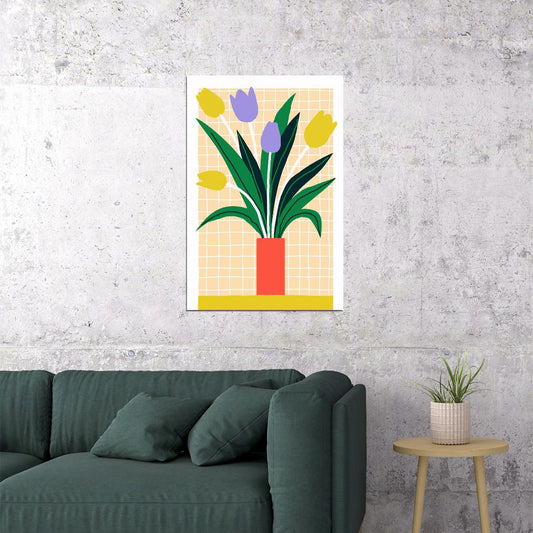 Tulips Danish Pastel Decor Yellow Floral Vase Poster Trendy Holland Tulip Maximalist Artwork - xonomax