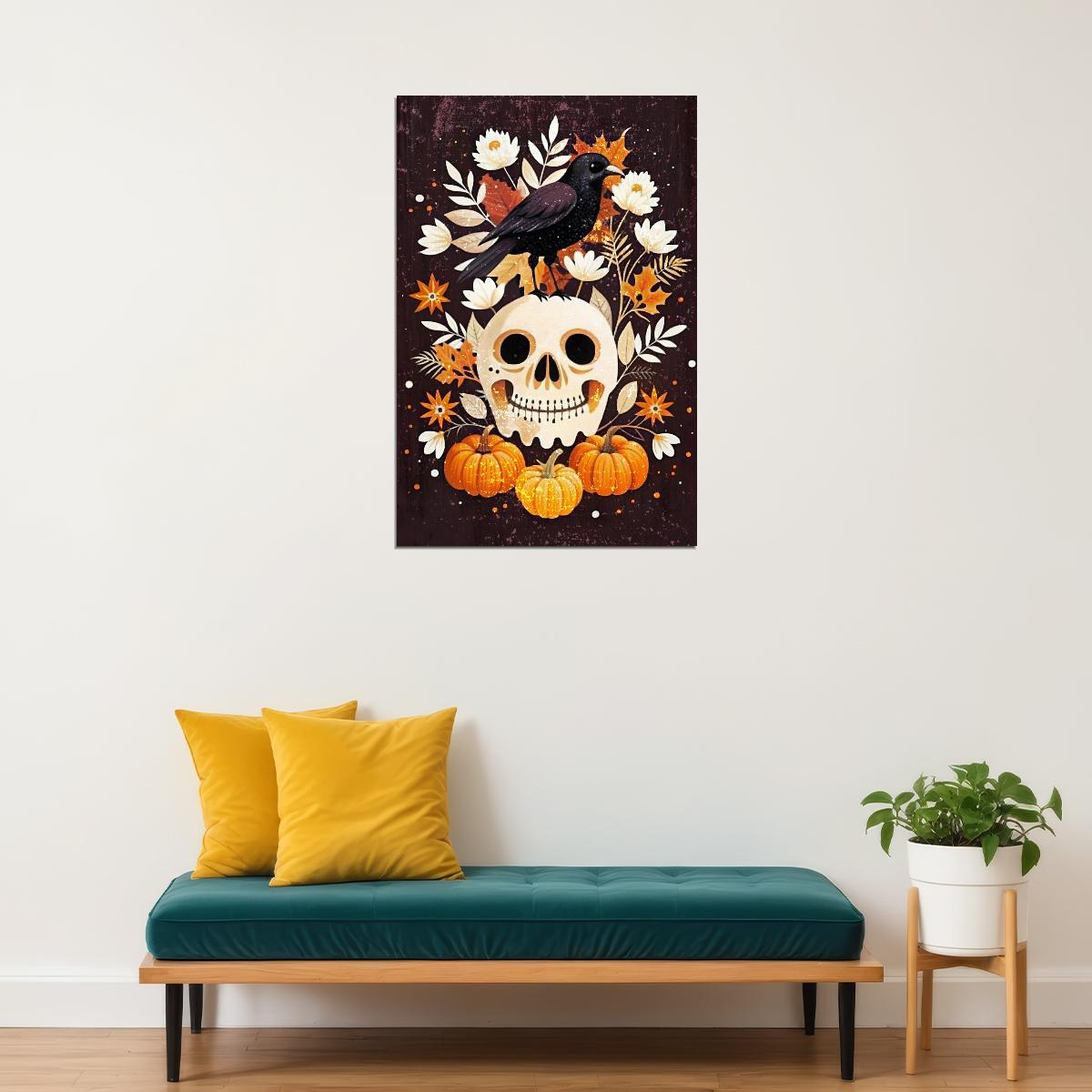 Black Raven Folk Print Cute Skull Halloween Poster Boho Pumpkin Wall Art Trendy Halloween Aesthetic