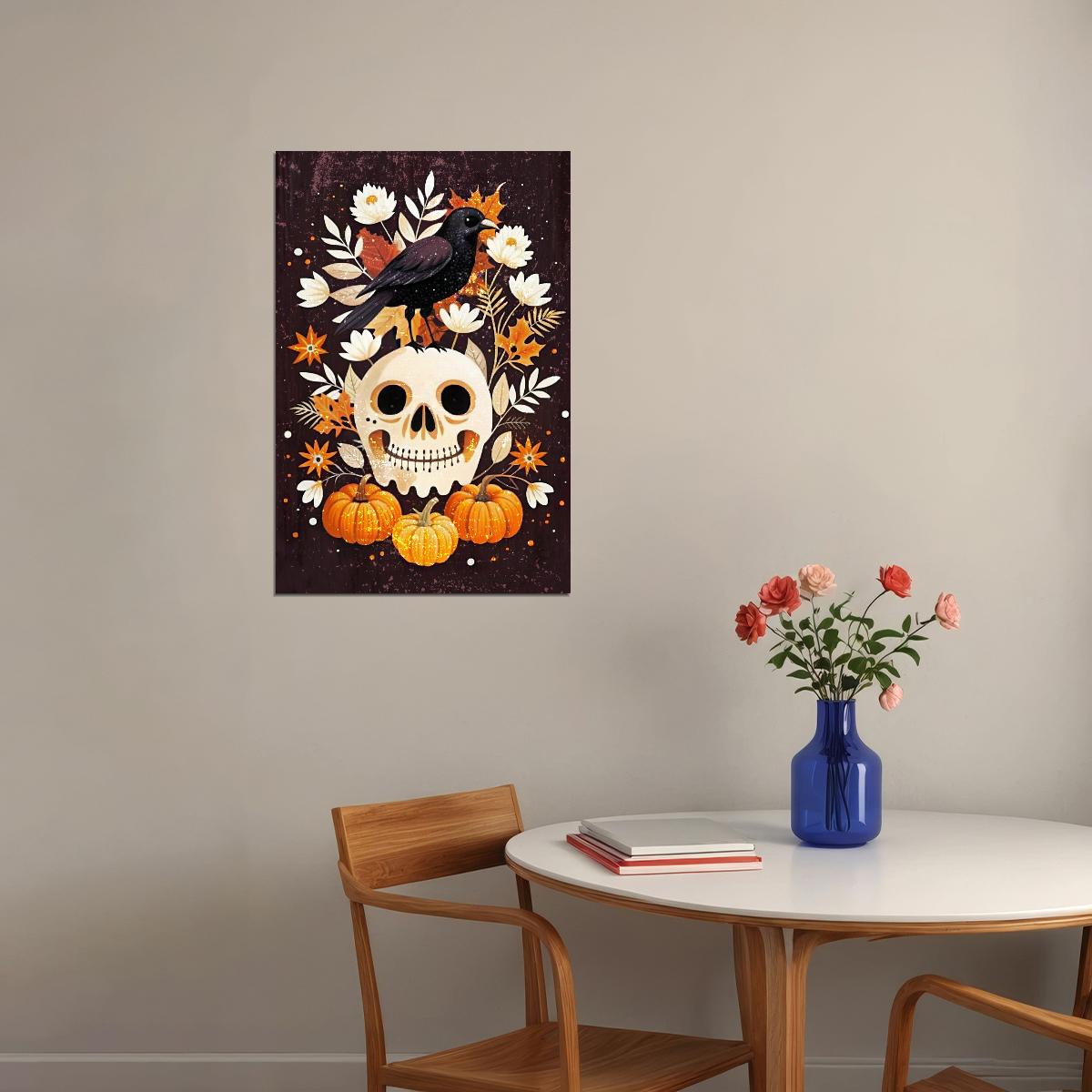 Black Raven Folk Print Cute Skull Halloween Poster Boho Pumpkin Wall Art Trendy Halloween Aesthetic
