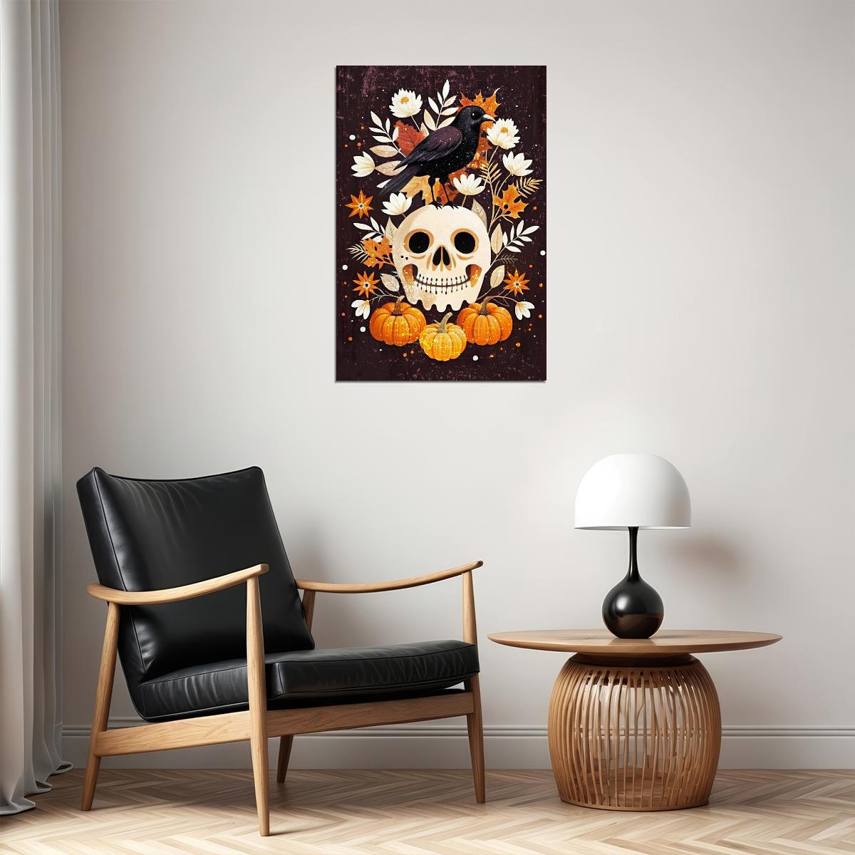 Black Raven Folk Print Cute Skull Halloween Poster Boho Pumpkin Wall Art Trendy Halloween Aesthetic