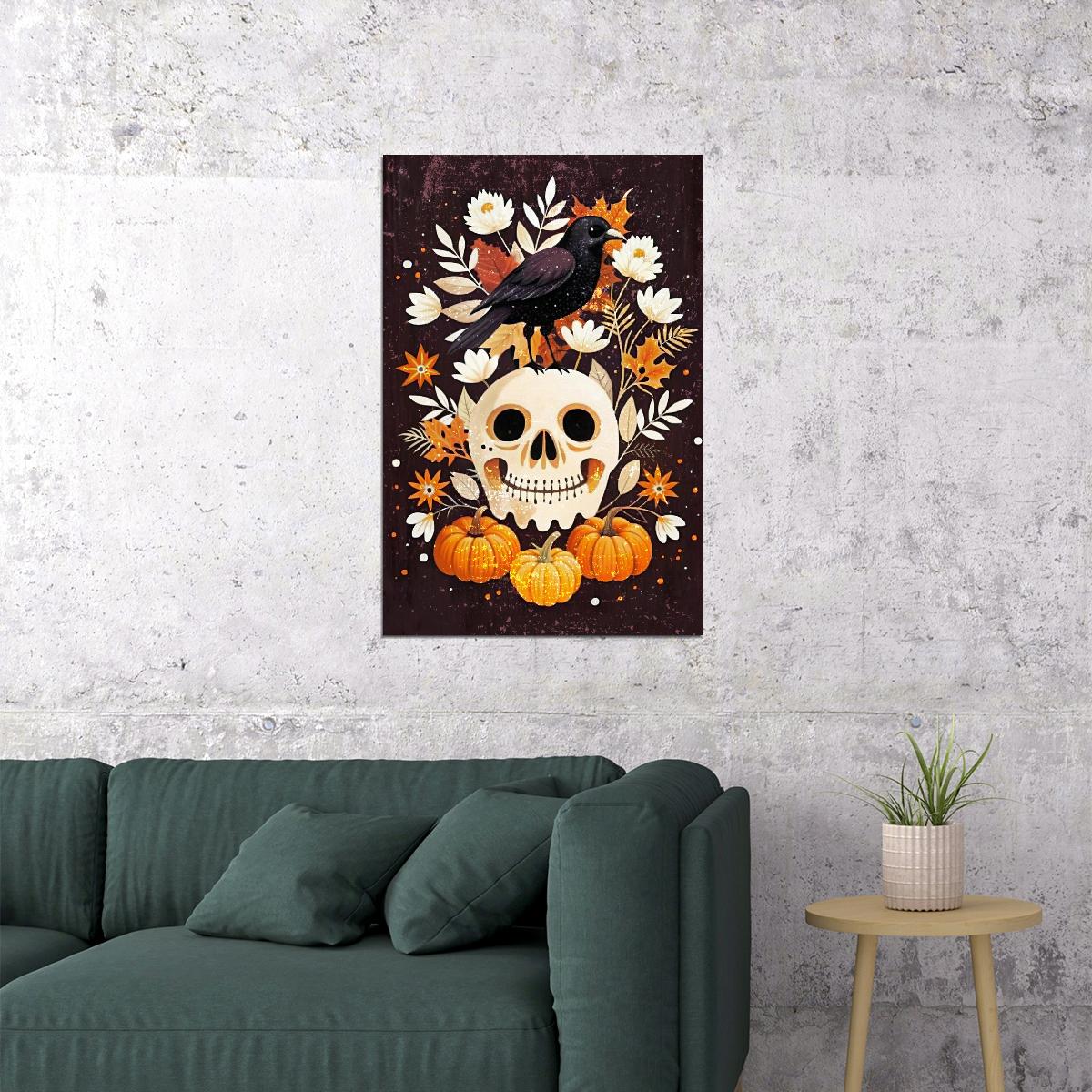 Black Raven Folk Print Cute Skull Halloween Poster Boho Pumpkin Wall Art Trendy Halloween Aesthetic