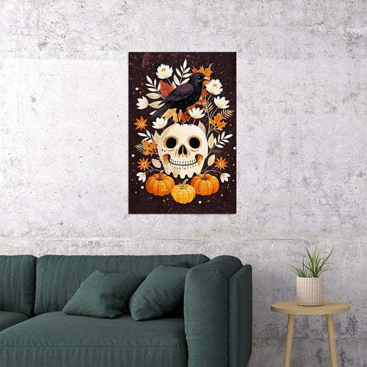 Black Raven Folk Print Cute Skull Halloween Poster Boho Pumpkin Wall Art Trendy Halloween Aesthetic - xonomax