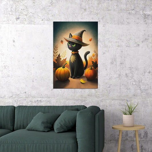 Black Cat In Witch Hat Print Cute Halloween Poster Trendy Pumpkin Wall Art Fall Vintage Aesthetic - xonomax