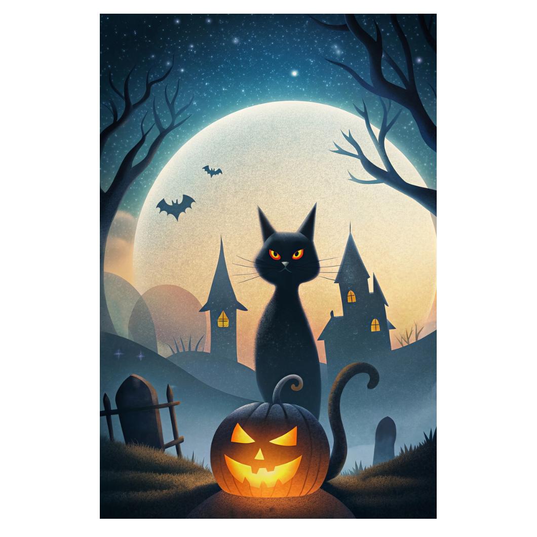 Black Cat Jack O'Lantern Halloween Poster Creepy Pumpkin Print Cute Halloween Spooky Wall Art