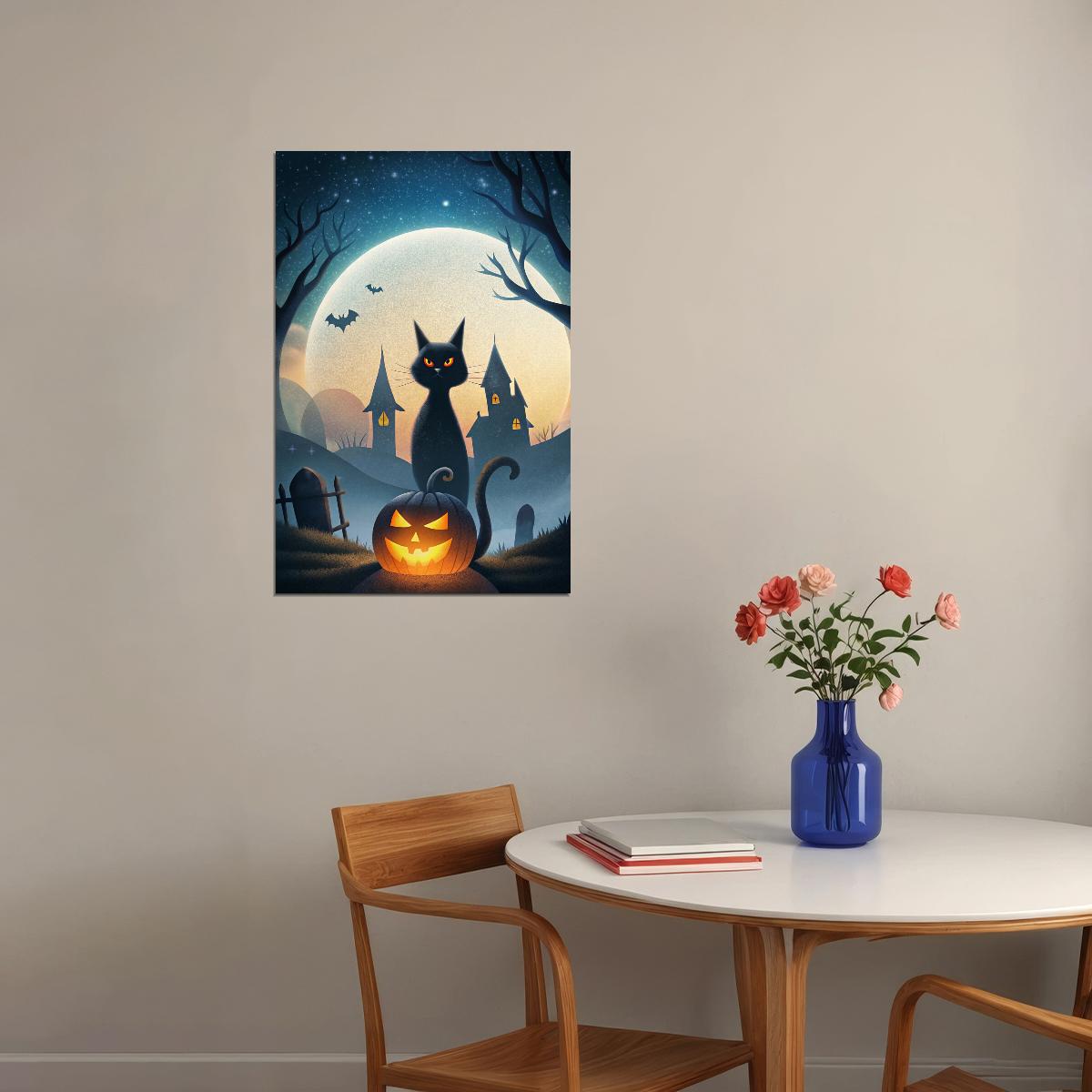 Black Cat Jack O'Lantern Halloween Poster Creepy Pumpkin Print Cute Halloween Spooky Wall Art