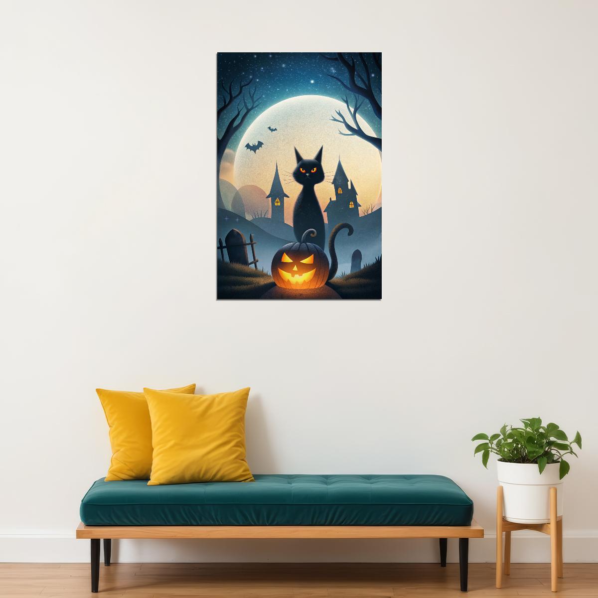 Black Cat Jack O'Lantern Halloween Poster Creepy Pumpkin Print Cute Halloween Spooky Wall Art