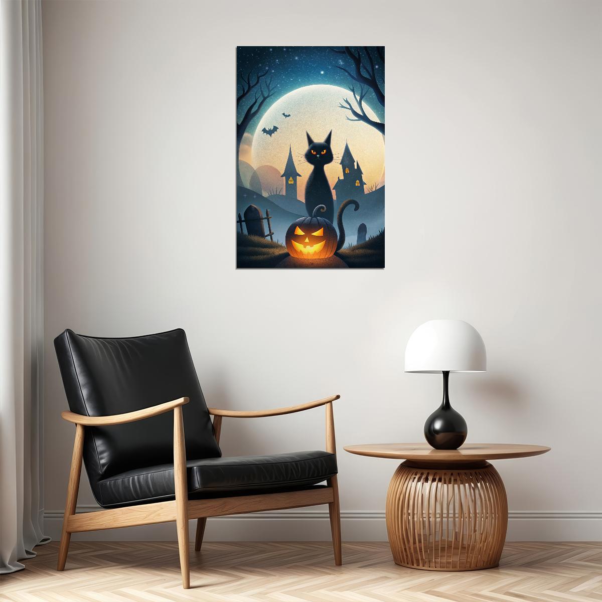 Black Cat Jack O'Lantern Halloween Poster Creepy Pumpkin Print Cute Halloween Spooky Wall Art