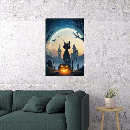 Black Cat Jack O'Lantern Halloween Poster Creepy Pumpkin Print Cute Halloween Spooky Wall Art - xonomax