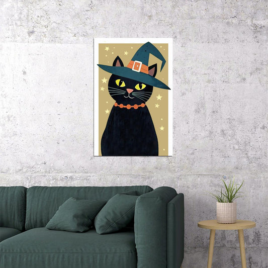 Black Cat Wizard Halloween Poster Simple Halloween Print Minimalist Halloween Trendy Whimsical Art - xonomax