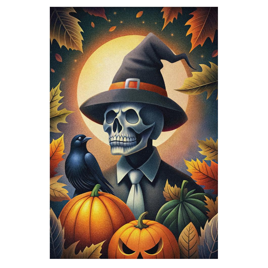 Scary Skeleton Halloween Print Witch Hat Fall Poster Raven Boho Pumpkin Trendy Halloween Wall Art