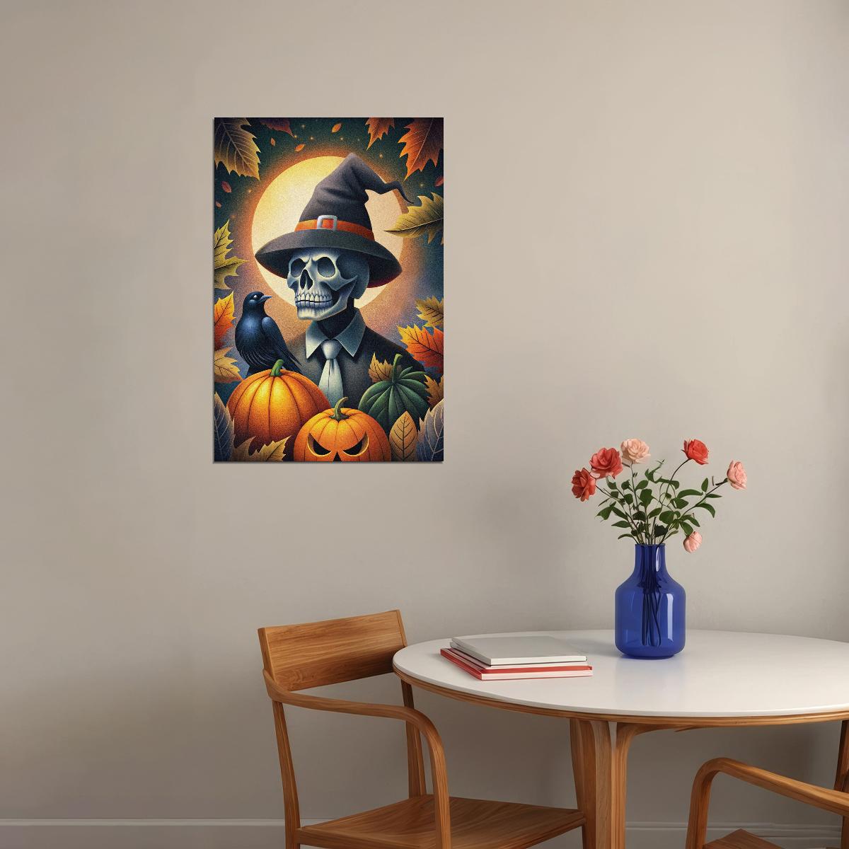 Scary Skeleton Halloween Print Witch Hat Fall Poster Raven Boho Pumpkin Trendy Halloween Wall Art