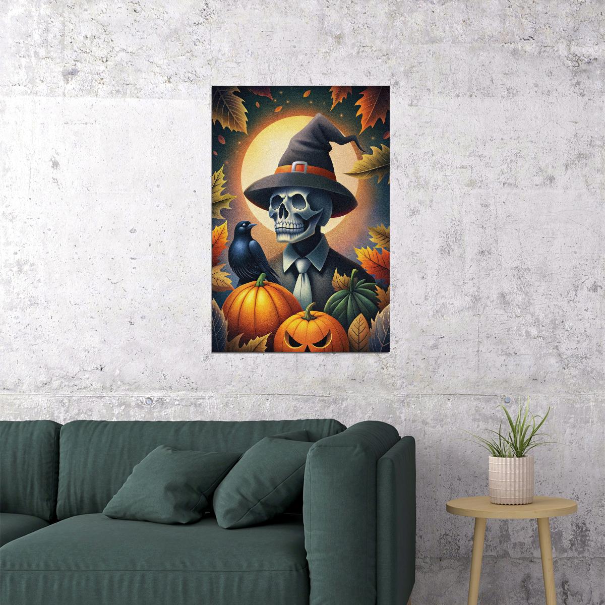 Scary Skeleton Halloween Print Witch Hat Fall Poster Raven Boho Pumpkin Trendy Halloween Wall Art