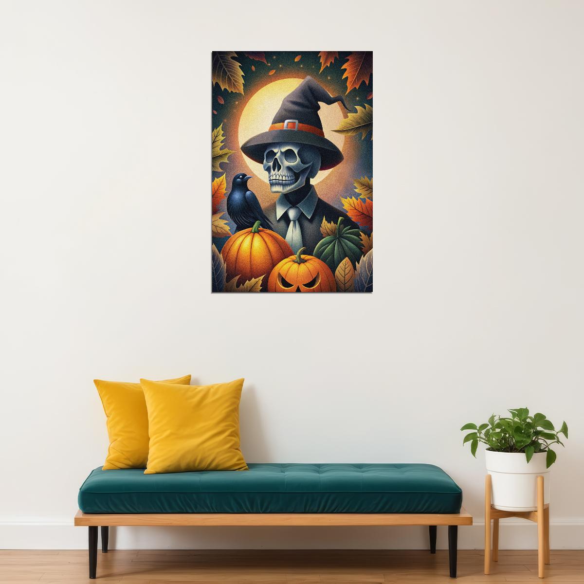Scary Skeleton Halloween Print Witch Hat Fall Poster Raven Boho Pumpkin Trendy Halloween Wall Art