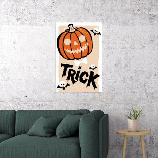 Trick Halloween Print Scary Jack O'Lantern Vintage Art Cute Trendy Skeleton Bats Wall Art - xonomax
