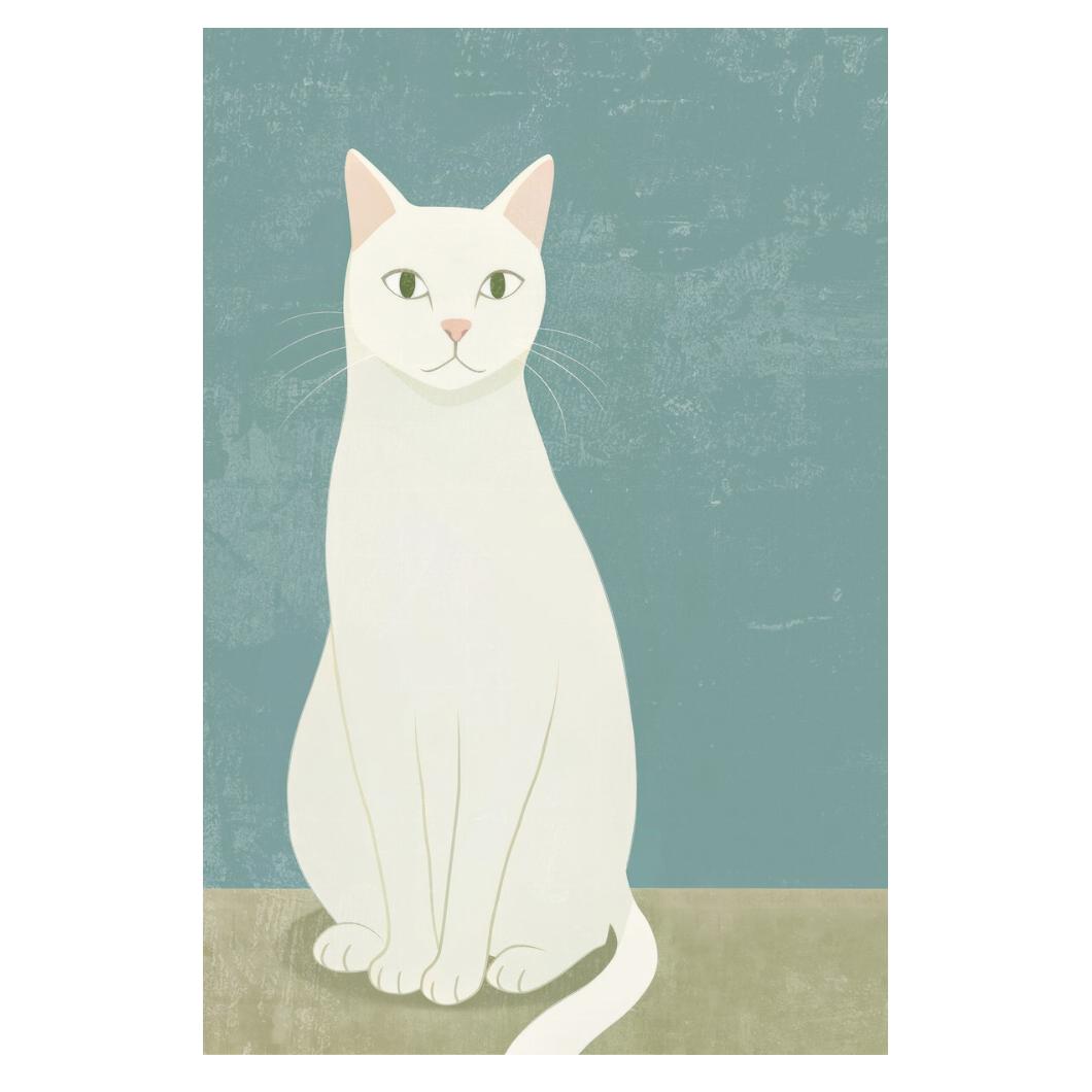 White Cat Poster Pastel Blue Minimalist Print Cute Nordic Home Decor Neutral Aesthetic Wall Art - xonomax