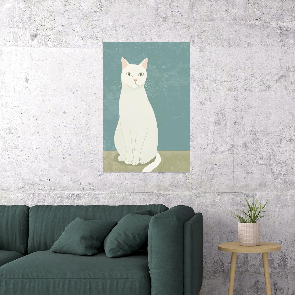White Cat Poster Pastel Blue Minimalist Print Cute Nordic Home Decor Neutral Aesthetic Wall Art - xonomax