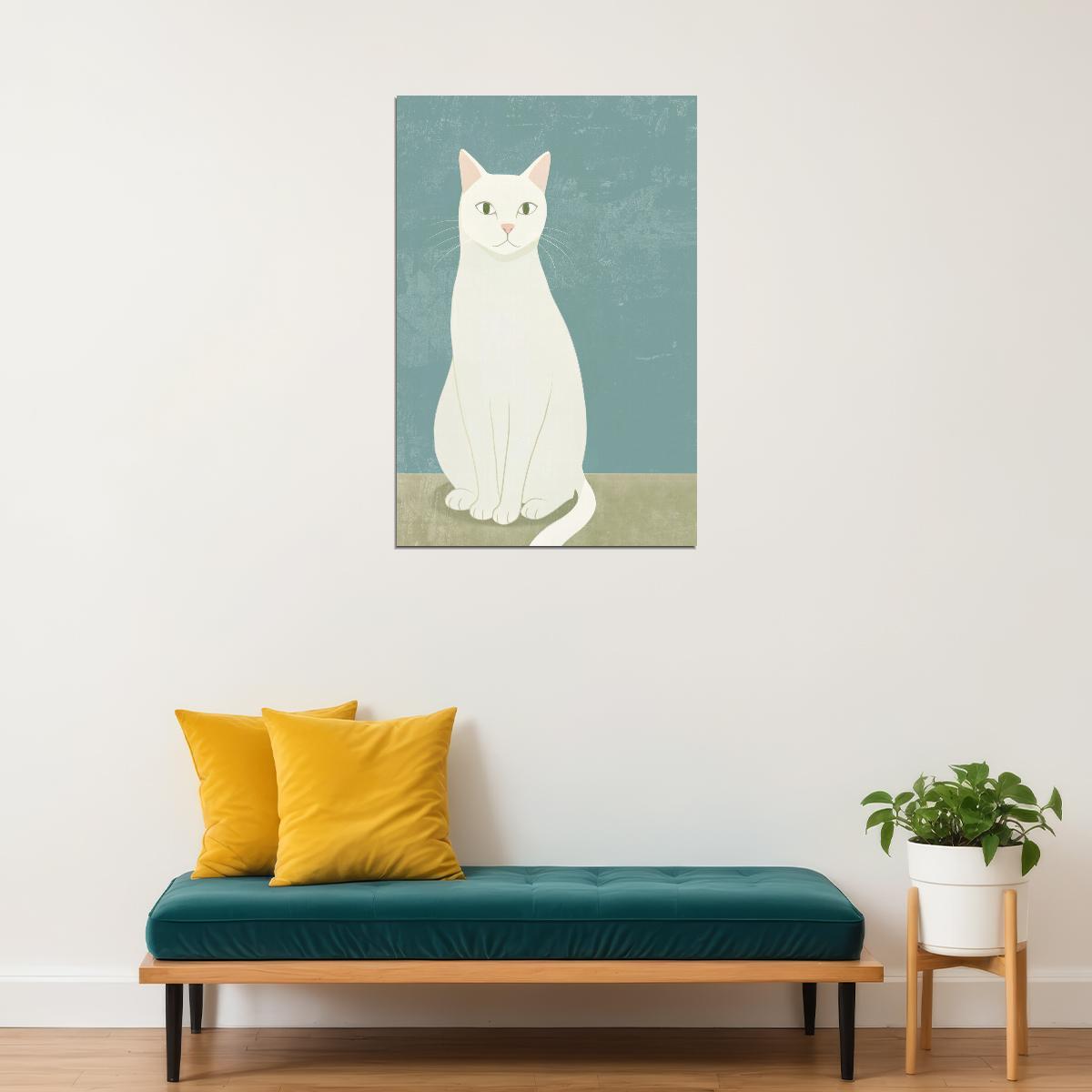 White Cat Poster Pastel Blue Minimalist Print Cute Nordic Home Decor Neutral Aesthetic Wall Art - xonomax