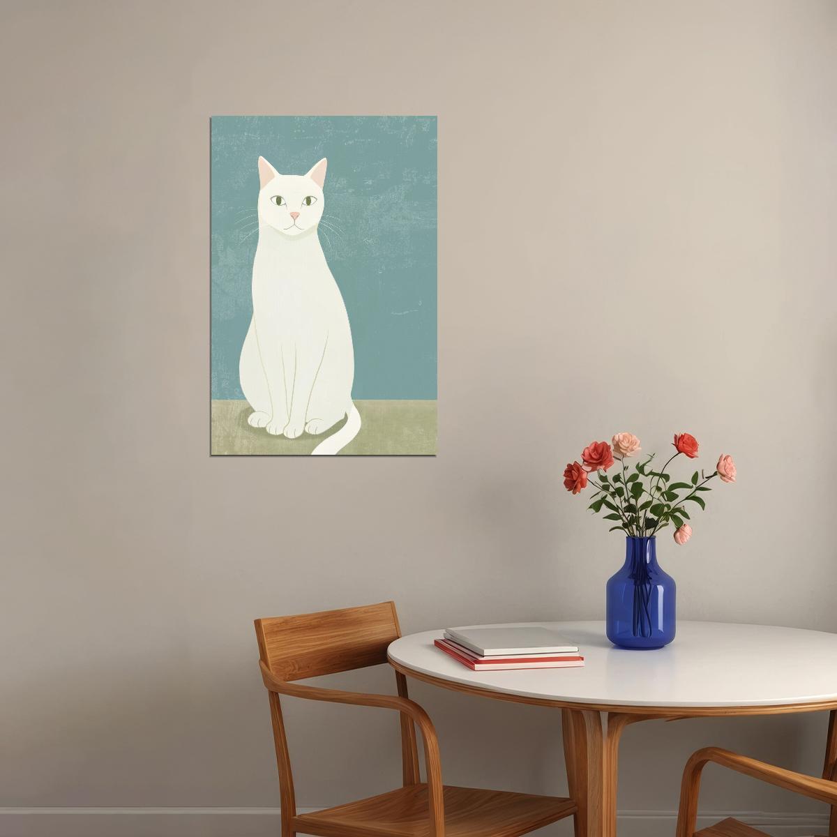 White Cat Poster Pastel Blue Minimalist Print Cute Nordic Home Decor Neutral Aesthetic Wall Art - xonomax