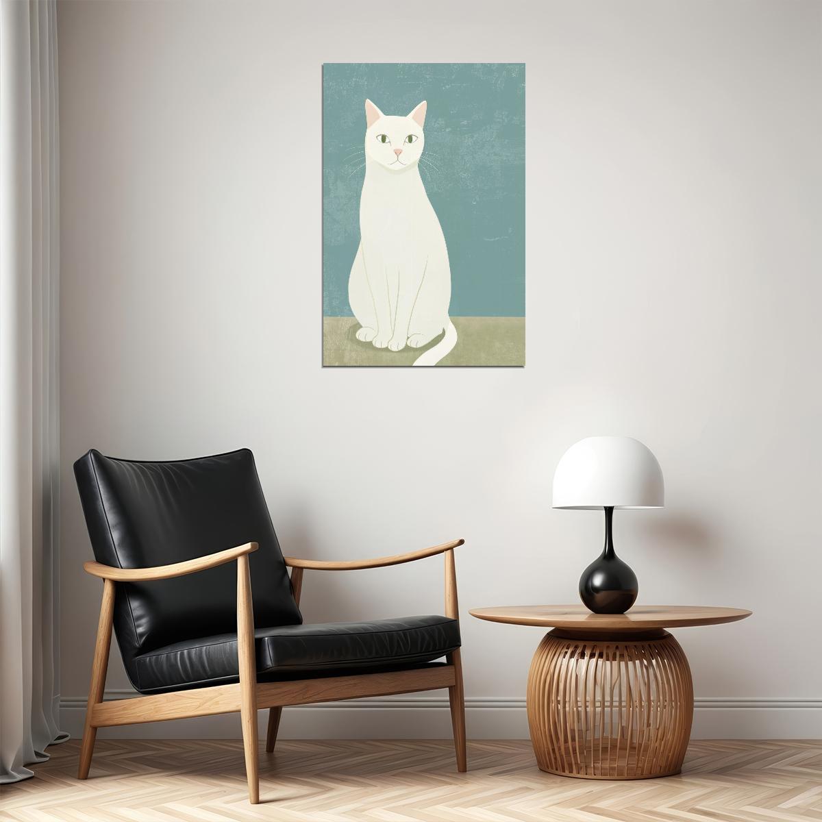 White Cat Poster Pastel Blue Minimalist Print Cute Nordic Home Decor Neutral Aesthetic Wall Art - xonomax
