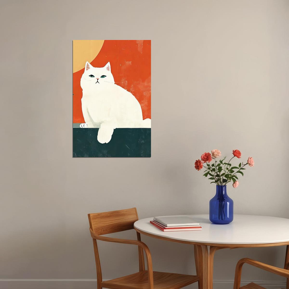 White Cat Poster Colorful Maximalist Print Eclectic Wall Art Orange Home Decor Trendy Aesthetics