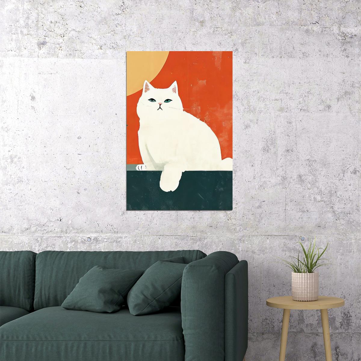 White Cat Poster Colorful Maximalist Print Eclectic Wall Art Orange Home Decor Trendy Aesthetics