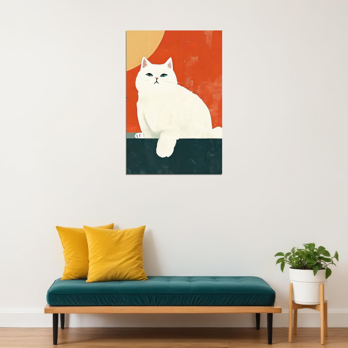 White Cat Poster Colorful Maximalist Print Eclectic Wall Art Orange Home Decor Trendy Aesthetics