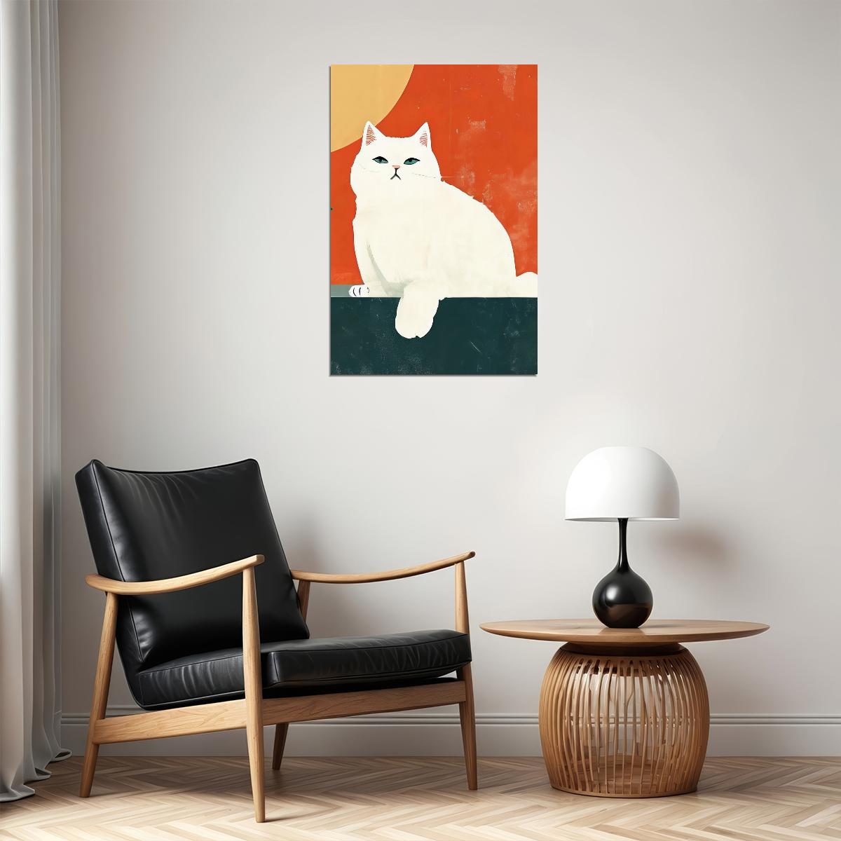 White Cat Poster Colorful Maximalist Print Eclectic Wall Art Orange Home Decor Trendy Aesthetics