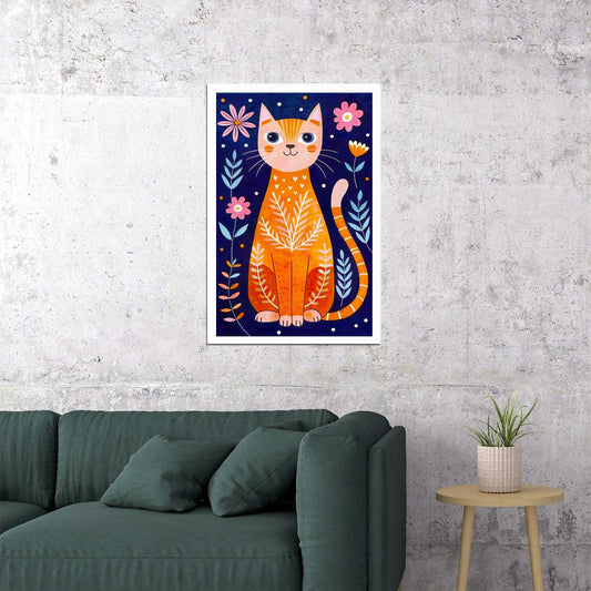 Orange Cat With Flowers Poster Indigo Boho Print Colorful Eclectic Wall Art Nordic Home Decor - xonomax