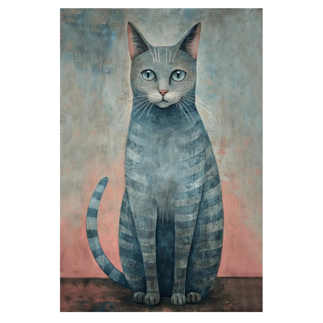 Gray Tabby Cat Poster Simple Pastel Minimalist Print Nordic Home Decor Coastal Aesthetic Wall Art