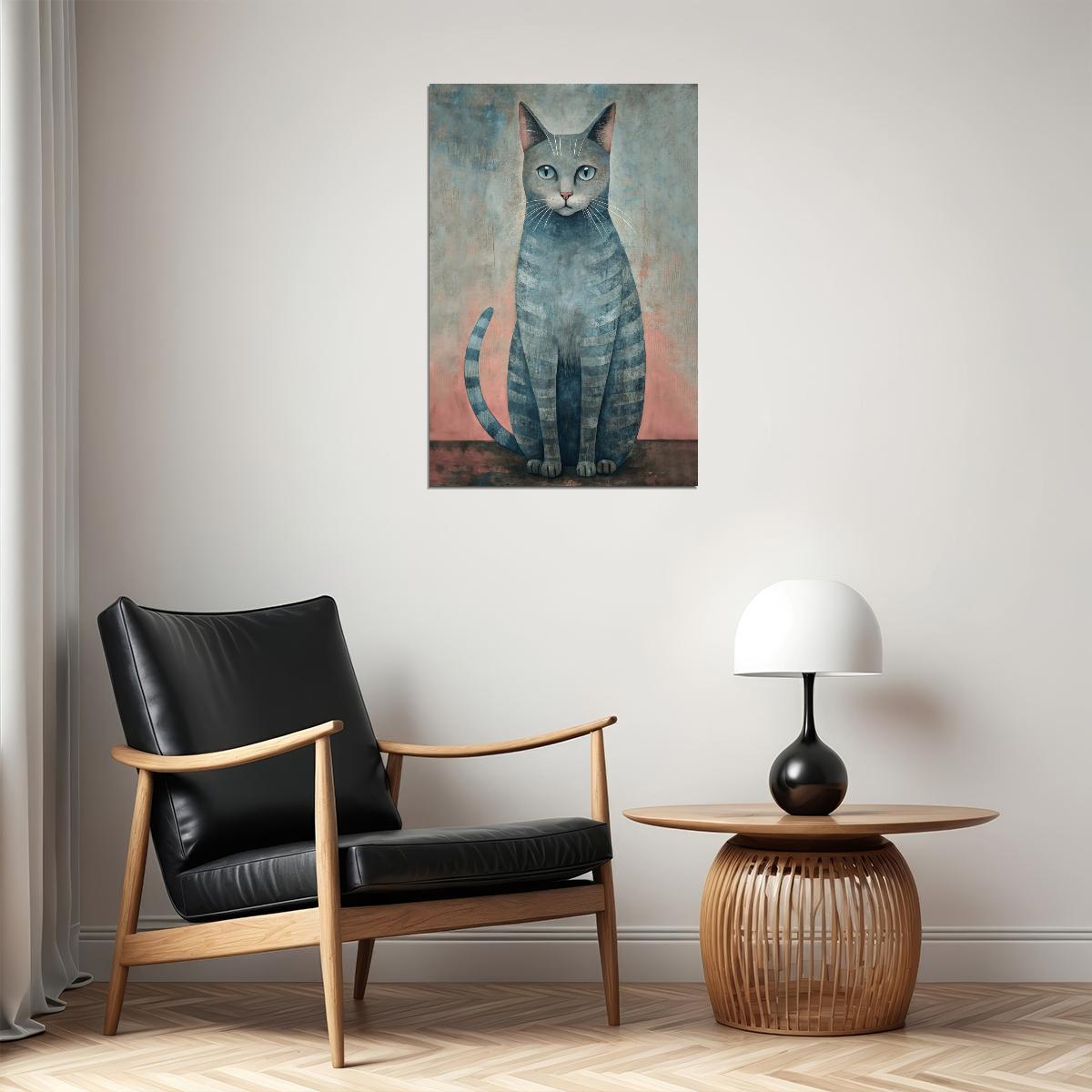 Gray Tabby Cat Poster Simple Pastel Minimalist Print Nordic Home Decor Coastal Aesthetic Wall Art