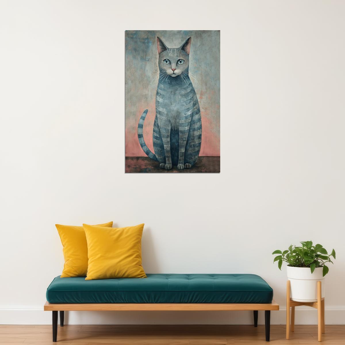 Gray Tabby Cat Poster Simple Pastel Minimalist Print Nordic Home Decor Coastal Aesthetic Wall Art