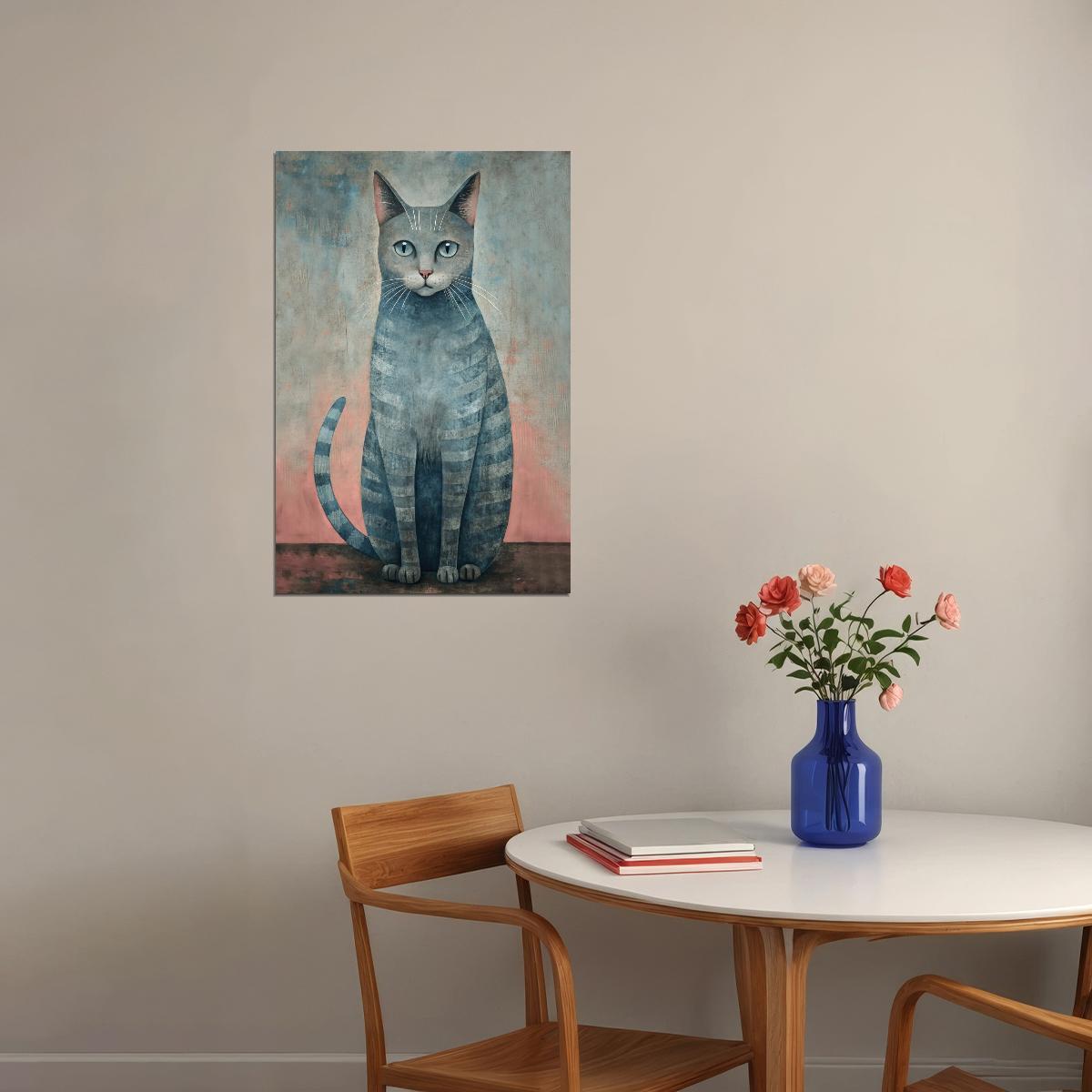 Gray Tabby Cat Poster Simple Pastel Minimalist Print Nordic Home Decor Coastal Aesthetic Wall Art