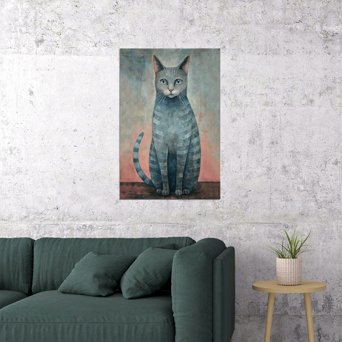 Gray Tabby Cat Poster Simple Pastel Minimalist Print Nordic Home Decor Coastal Aesthetic Wall Art