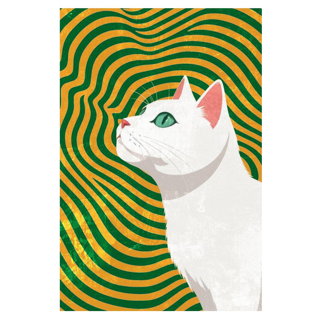 Magical Abstract Cat Colorful Poster Geometric Green Maximalist Print Gold Psychedelic Art