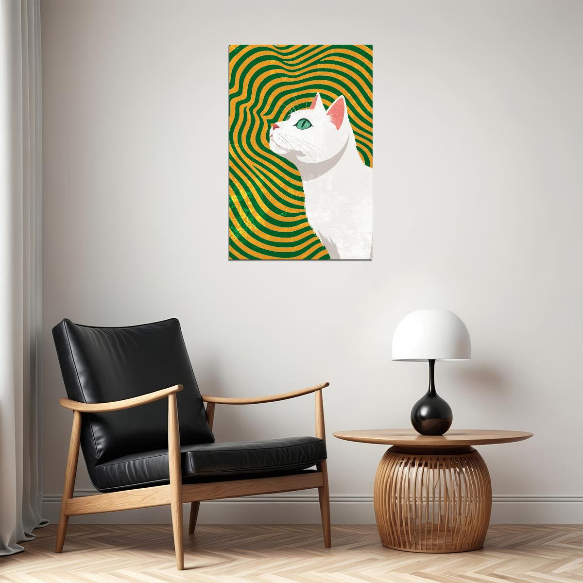 Magical Abstract Cat Colorful Poster Geometric Green Maximalist Print Gold Psychedelic Art