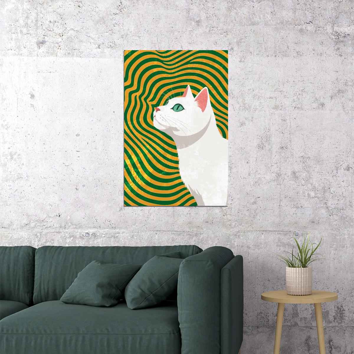 Magical Abstract Cat Colorful Poster Geometric Green Maximalist Print Gold Psychedelic Art