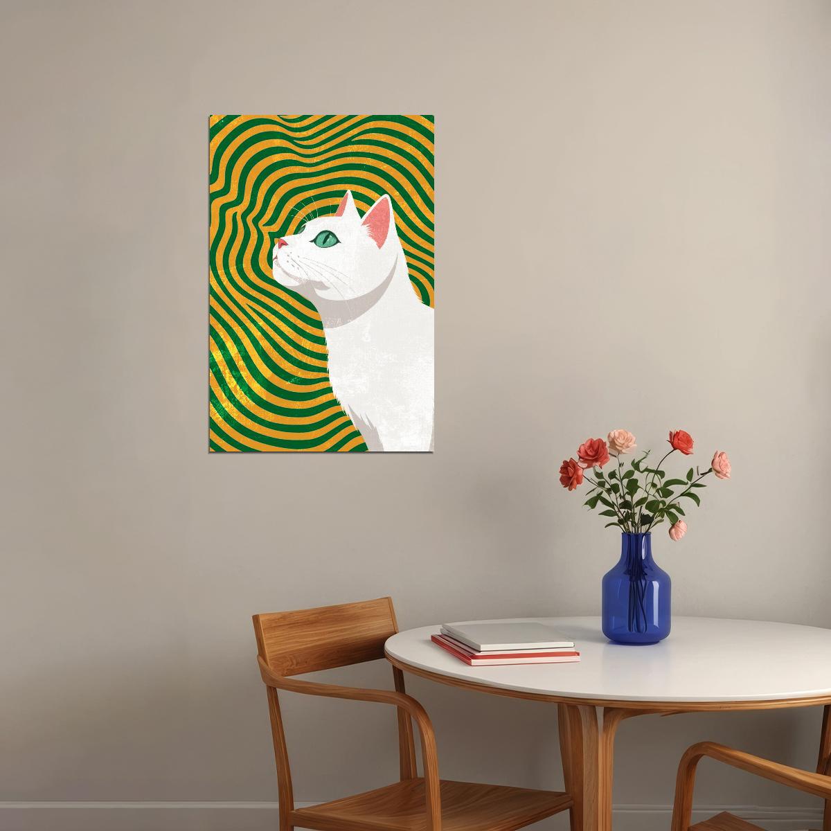 Magical Abstract Cat Colorful Poster Geometric Green Maximalist Print Gold Psychedelic Art