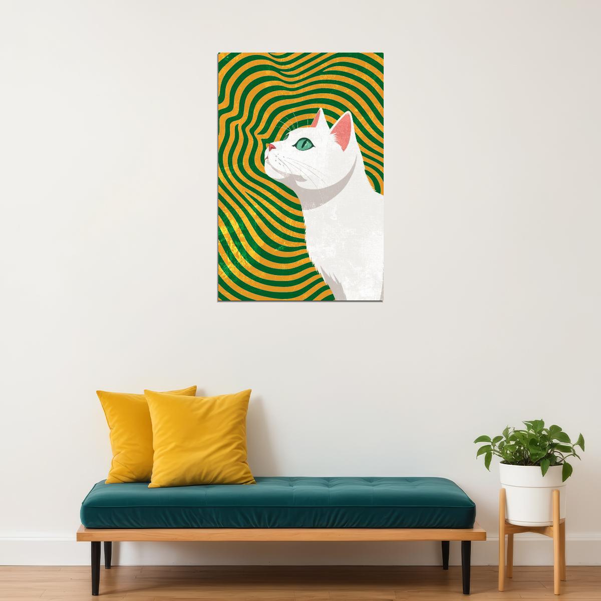 Magical Abstract Cat Colorful Poster Geometric Green Maximalist Print Gold Psychedelic Art