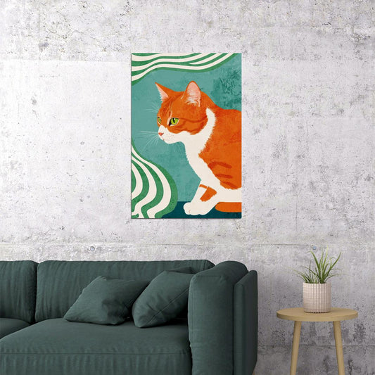 Ginger Cat Print Green Maximalist Poster Orange Eclectic Aesthetics Colorful Teal Art - xonomax