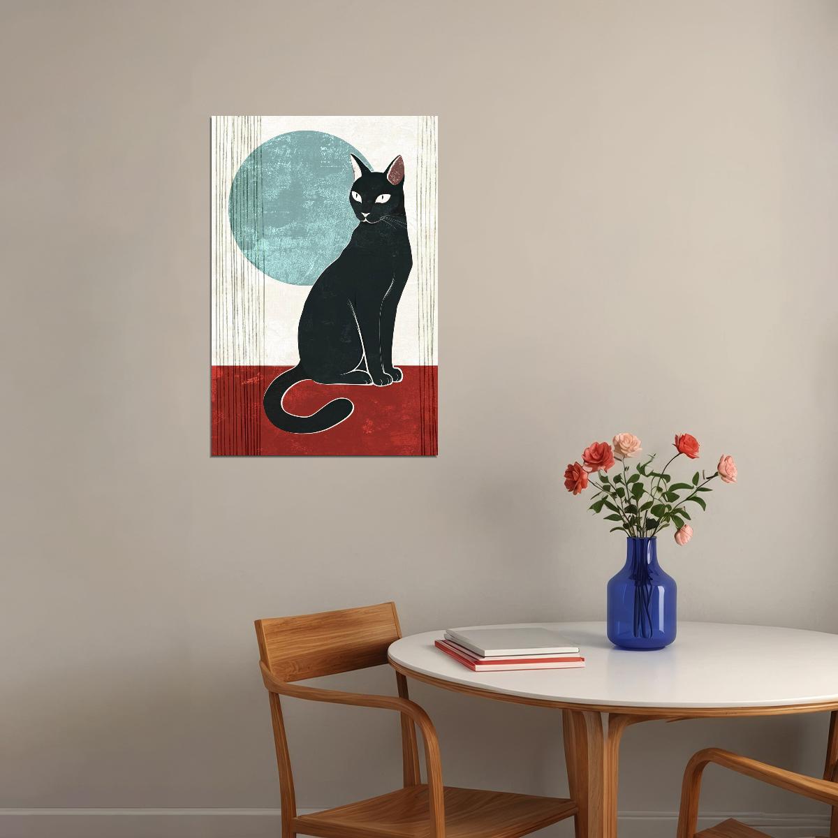 Black Cat Geometric Poster Minimalist Boho Print Modern Calming Art Nordic Aesthetic