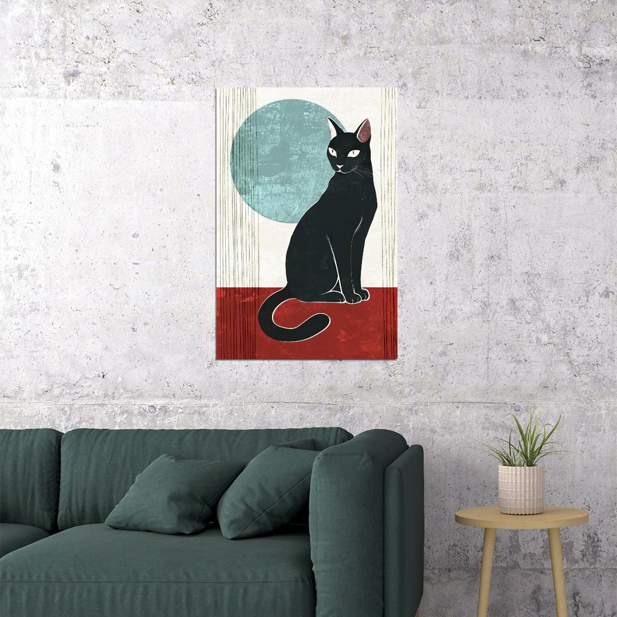 Black Cat Geometric Poster Minimalist Boho Print Modern Calming Art Nordic Aesthetic