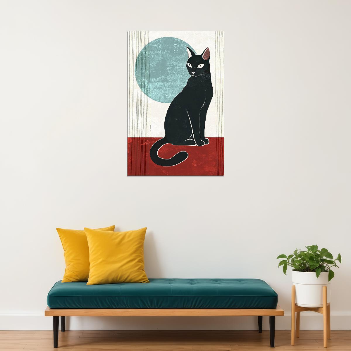 Black Cat Geometric Poster Minimalist Boho Print Modern Calming Art Nordic Aesthetic