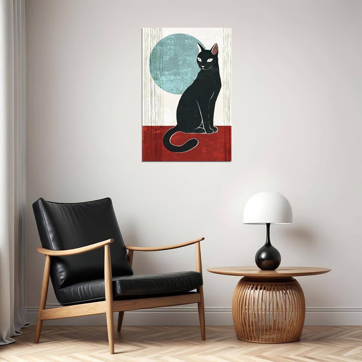 Black Cat Geometric Poster Minimalist Boho Print Modern Calming Art Nordic Aesthetic