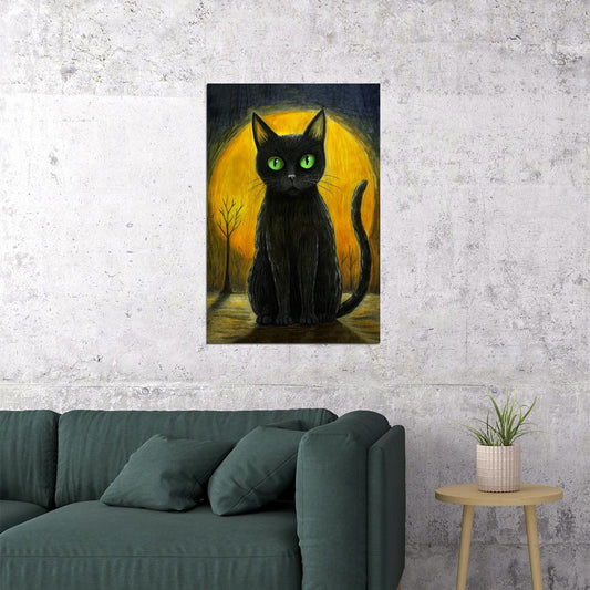 Black Cat Halloween Poster Cute Kids Halloween Print Fall Aesthetic Whimsical Moon Wall Art - xonomax