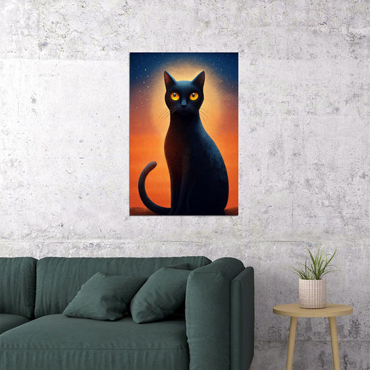 Black Cat Poster Minimalist Print Boho Home Decor Fall Aesthetic Whimsical Rustic Art - xonomax